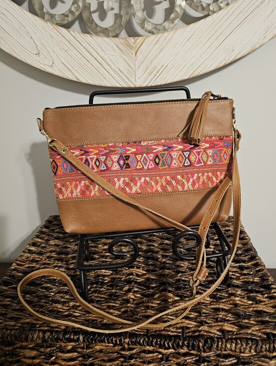 intertwined Handbags - Stylish Tan Crossbody Bag with Red Embroidered Accent